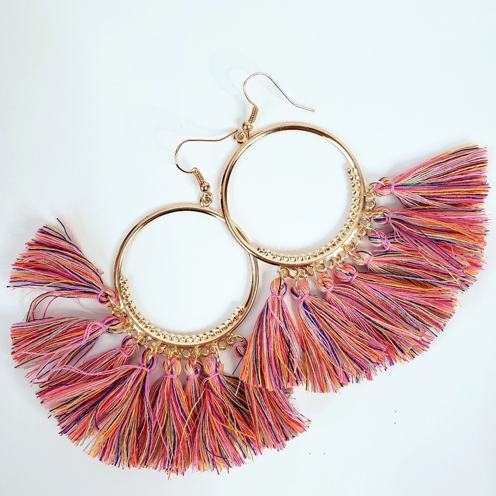 BRAND NEW Rainbow Tassle Gold Hoop Earrings 🌈